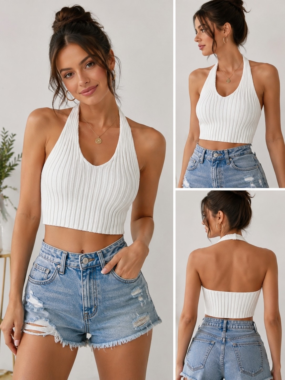 Forever 21 Ribbed Knit Halter Crop Top White Cotton Blend Sleeveless SummerSizeS